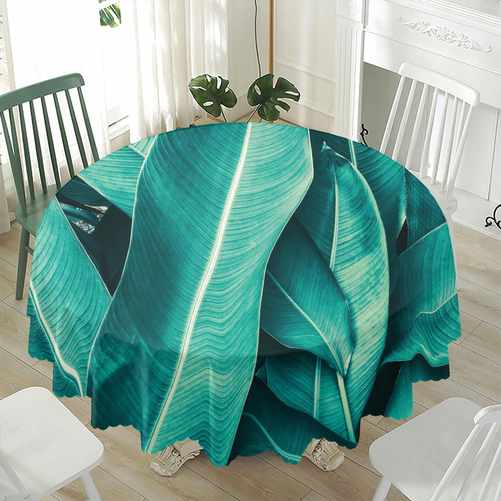 Turquoise Banana Leaf Print Waterproof Round Tablecloth