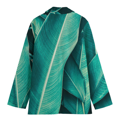 Turquoise Banana Leaf Print Women's Blazer