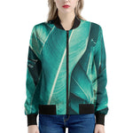 Turquoise Banana Leaf Print Women's Bomber Jacket