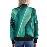 Turquoise Banana Leaf Print Women's Bomber Jacket