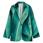 Turquoise Banana Leaf Print Women's Cotton Blazer