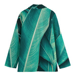 Turquoise Banana Leaf Print Women's Cotton Blazer