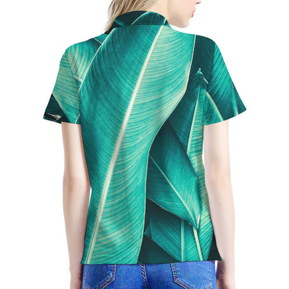 Turquoise Banana Leaf Print Women's Polo Shirt
