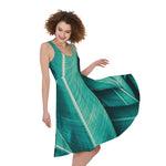 Turquoise Banana Leaf Print Women's Sleeveless Dress