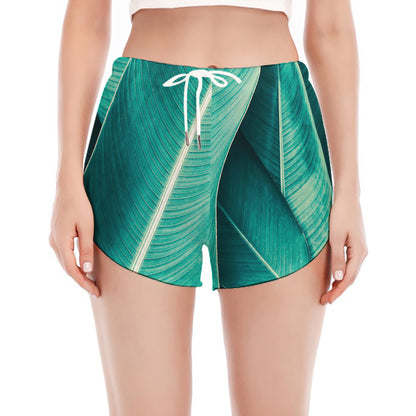 Turquoise Banana Leaf Print Women's Split Running Shorts