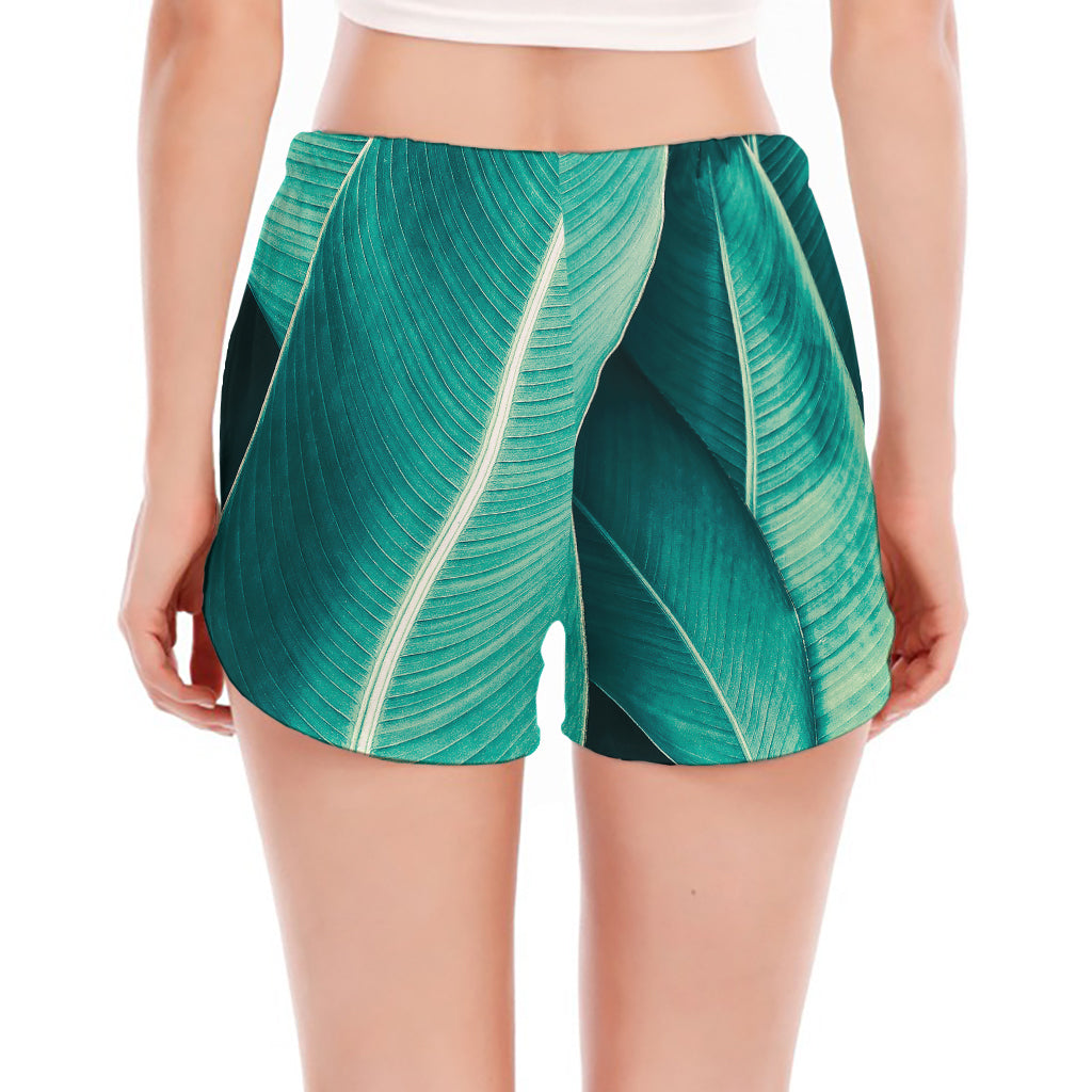 Turquoise Banana Leaf Print Women's Split Running Shorts