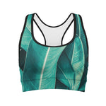 Turquoise Banana Leaf Print Women's Sports Bra