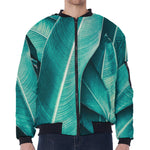 Turquoise Banana Leaf Print Zip Sleeve Bomber Jacket
