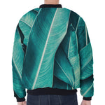 Turquoise Banana Leaf Print Zip Sleeve Bomber Jacket