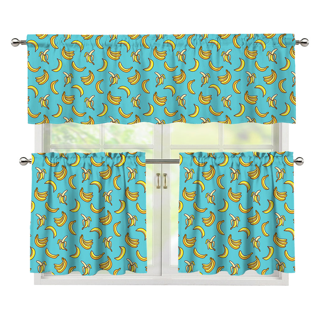 Turquoise Banana Pattern Print 3 Piece Kitchen Curtains