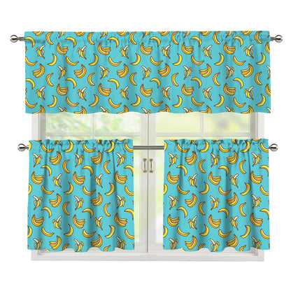 Turquoise Banana Pattern Print 3 Piece Kitchen Curtains