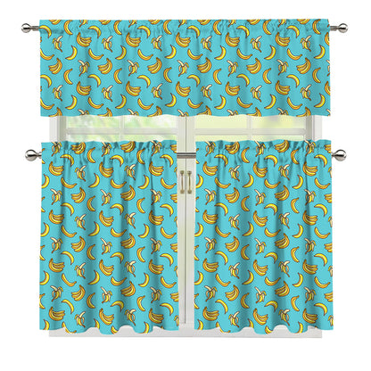 Turquoise Banana Pattern Print 3 Piece Kitchen Curtains