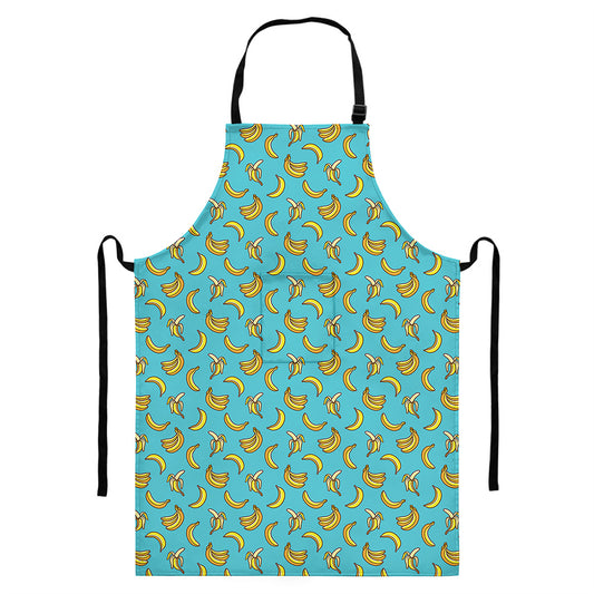 Turquoise Banana Pattern Print Bib Apron With Pocket