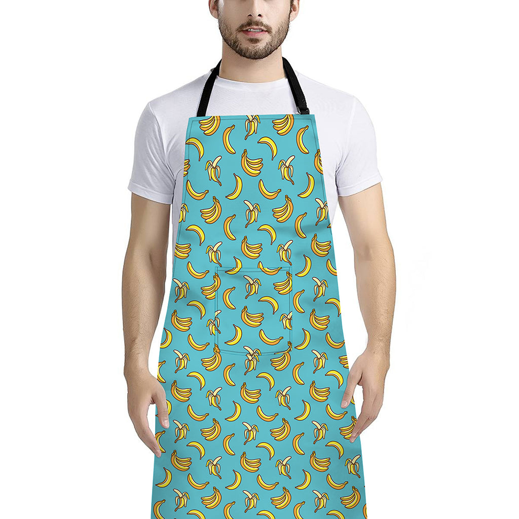 Turquoise Banana Pattern Print Bib Apron With Pocket