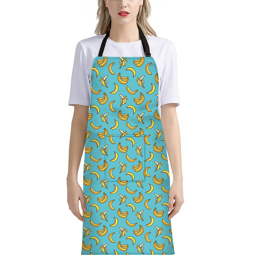 Turquoise Banana Pattern Print Bib Apron With Pocket
