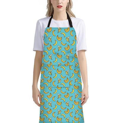 Turquoise Banana Pattern Print Bib Apron With Pocket