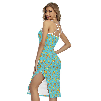 Turquoise Banana Pattern Print Cross Back Cami Dress