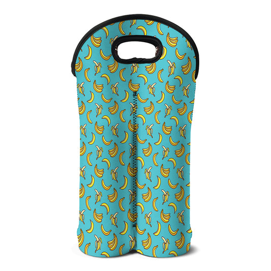 Turquoise Banana Pattern Print Double Neoprene Wine Tote