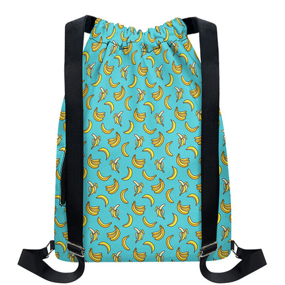 Turquoise Banana Pattern Print Drawstring Backpack