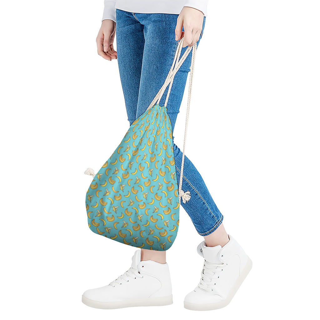Turquoise Banana Pattern Print Drawstring Bag