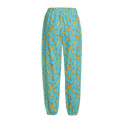 Turquoise Banana Pattern Print Fleece Lined Knit Pants
