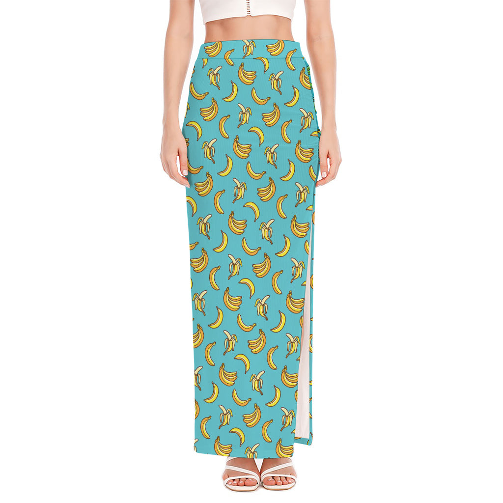 Turquoise Banana Pattern Print High Slit Maxi Skirt