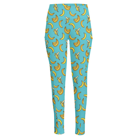Turquoise Banana Pattern Print High-Waisted Pocket Leggings
