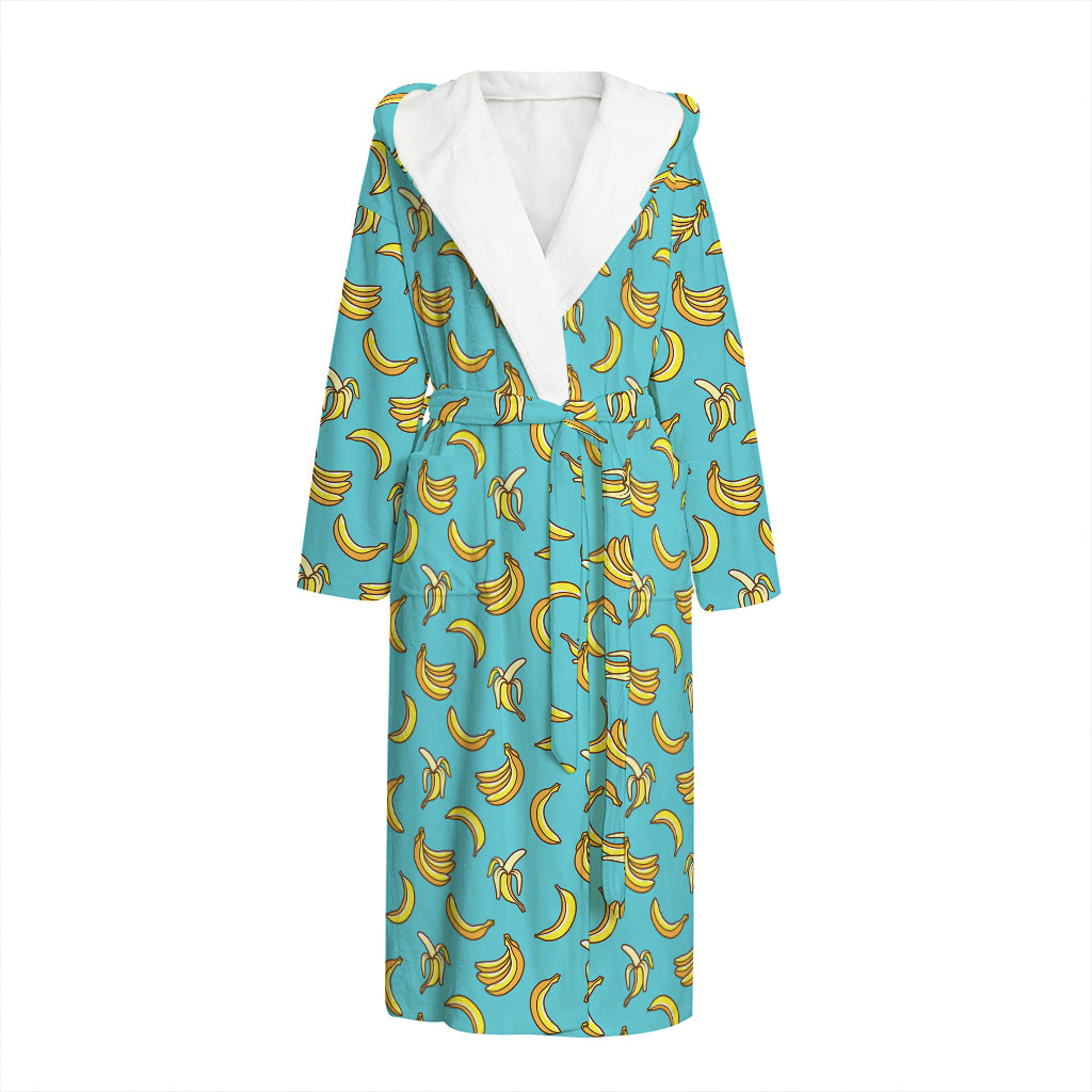 Turquoise Banana Pattern Print Hooded Bathrobe