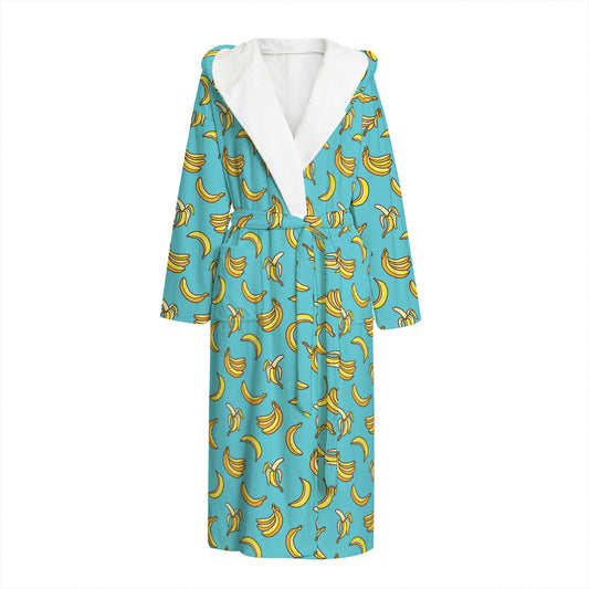 Turquoise Banana Pattern Print Hooded Bathrobe