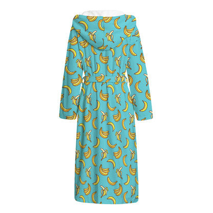 Turquoise Banana Pattern Print Hooded Bathrobe