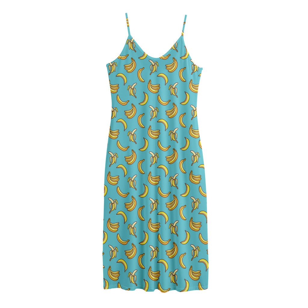 Turquoise Banana Pattern Print Jersey Midi Cami Dress