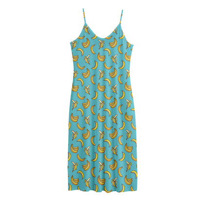 Turquoise Banana Pattern Print Jersey Midi Cami Dress