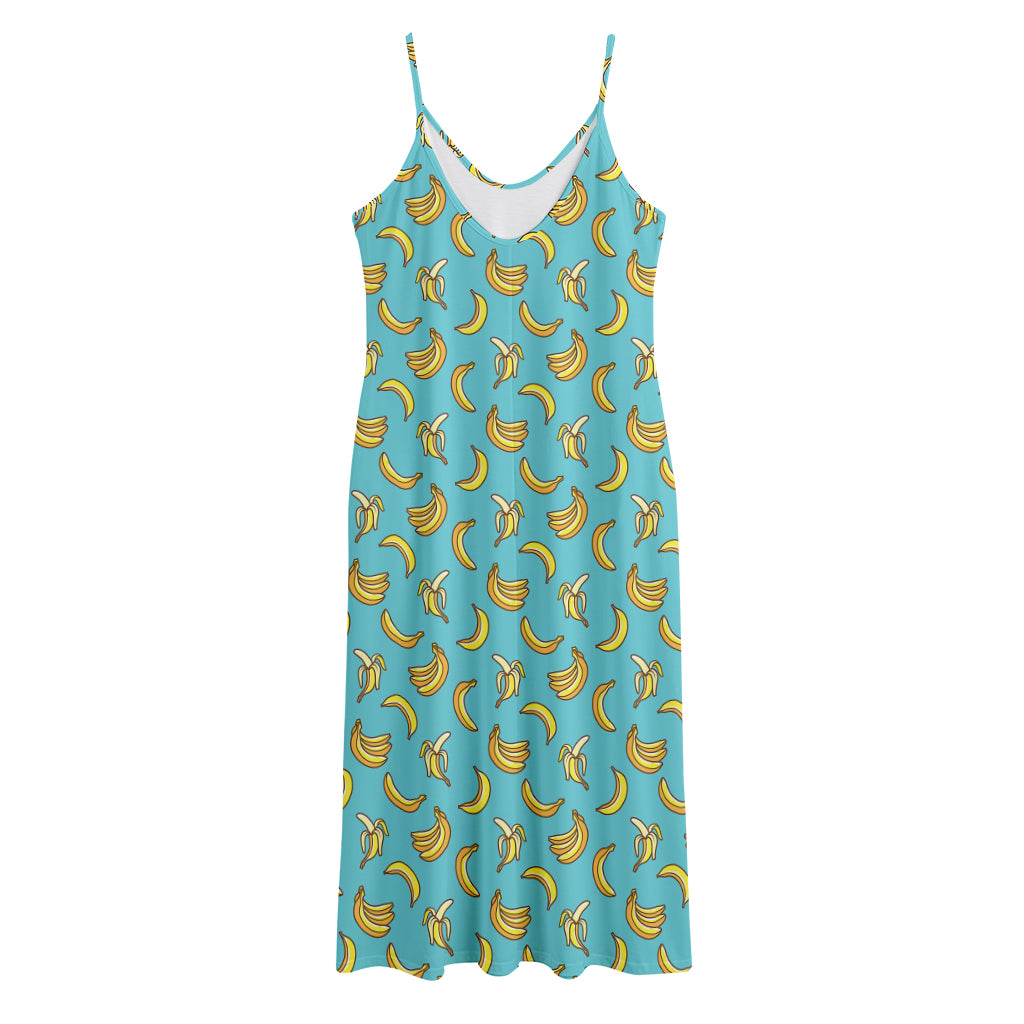 Turquoise Banana Pattern Print Jersey Midi Cami Dress