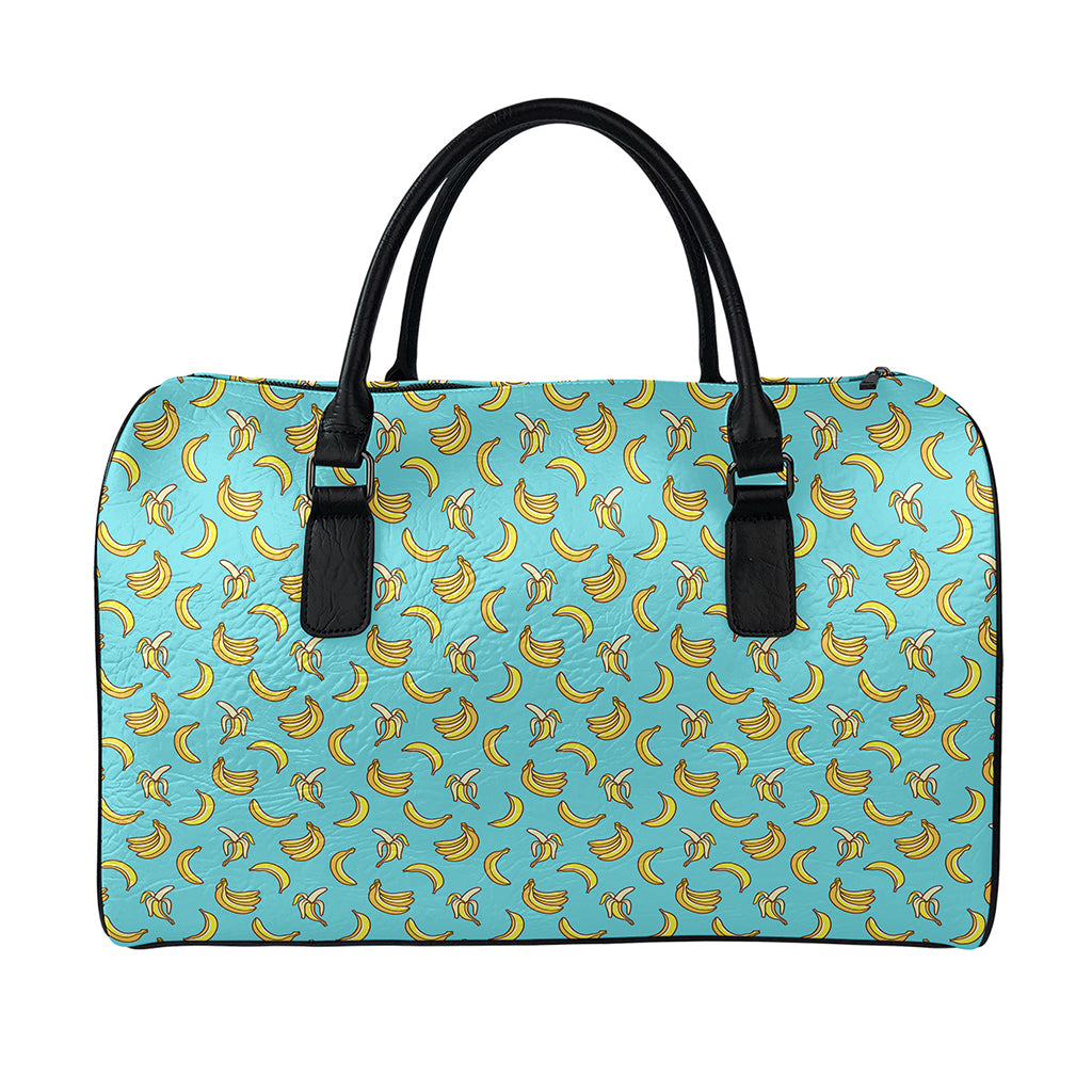 Turquoise Banana Pattern Print Leather Duffle Bag