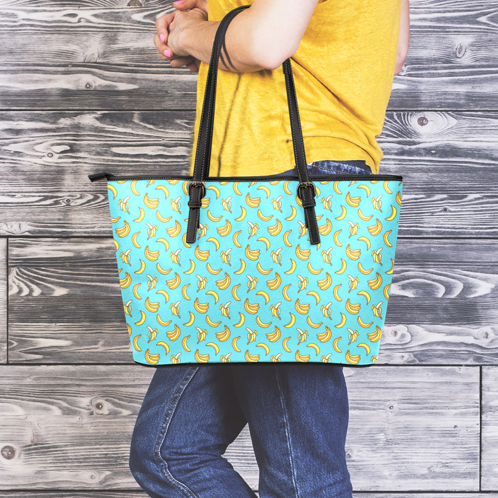 Turquoise Banana Pattern Print Leather Tote Bag