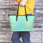 Turquoise Banana Pattern Print Leather Tote Bag