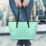 Turquoise Banana Pattern Print Leather Tote Bag
