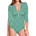 Turquoise Banana Pattern Print Long Sleeve Swimsuit