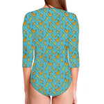 Turquoise Banana Pattern Print Long Sleeve Swimsuit