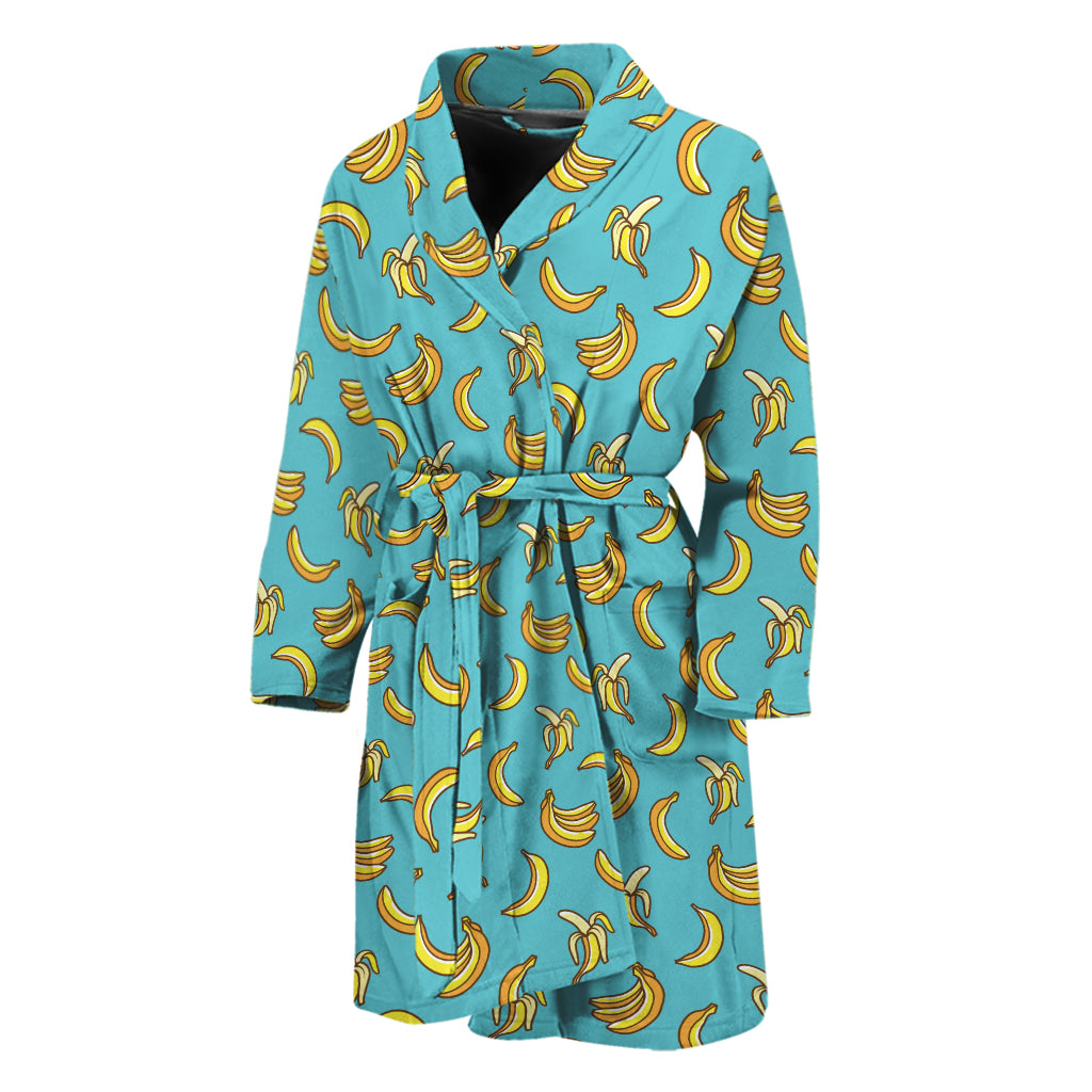 Turquoise Banana Pattern Print Men's Bathrobe