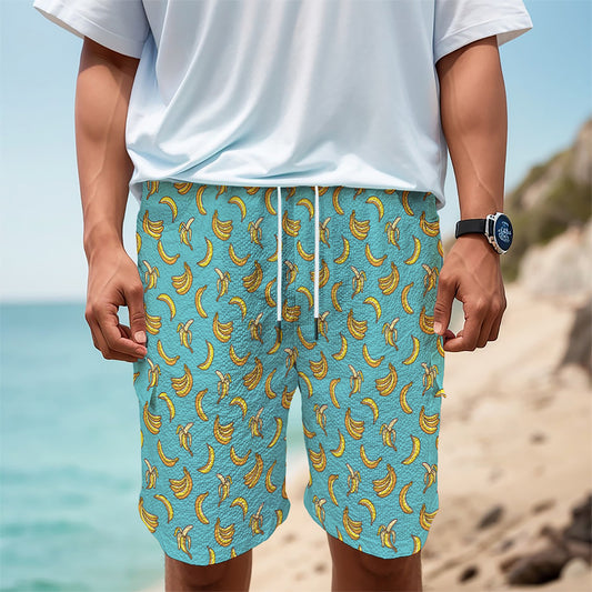 Turquoise Banana Pattern Print Men's Cargo Shorts