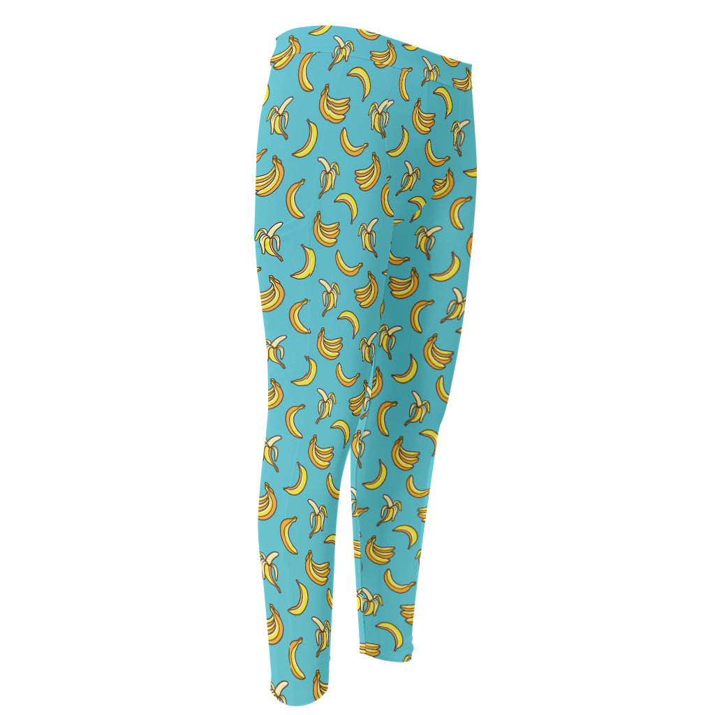 Turquoise Banana Pattern Print Men's Compression Pants