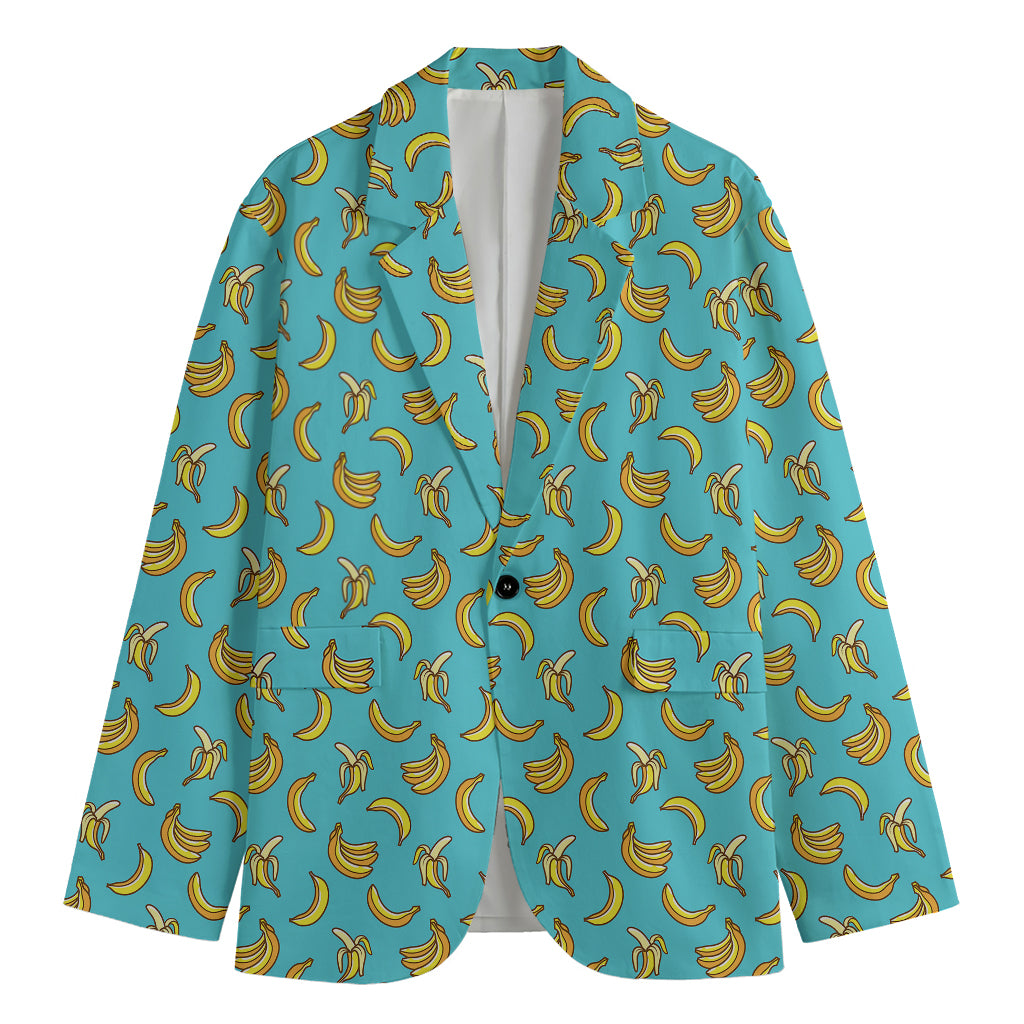 Turquoise Banana Pattern Print Men's Cotton Blazer