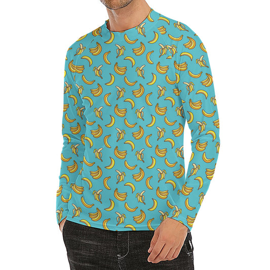 Turquoise Banana Pattern Print Men's Long Sleeve Rash Guard