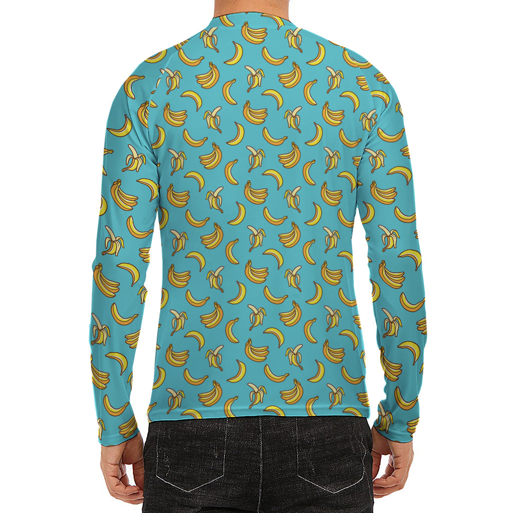 Turquoise Banana Pattern Print Men's Long Sleeve Rash Guard