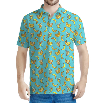 Turquoise Banana Pattern Print Men's Polo Shirt