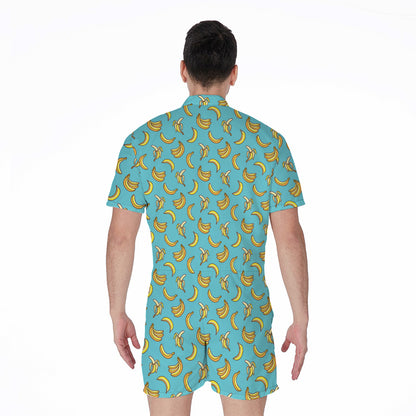 Turquoise Banana Pattern Print Men's Rompers