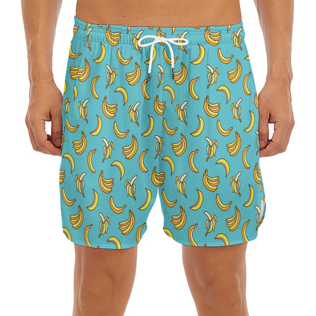 Turquoise Banana Pattern Print Men's Split Running Shorts