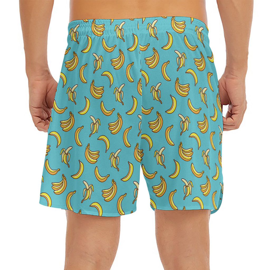 Turquoise Banana Pattern Print Men's Split Running Shorts