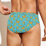 Turquoise Banana Pattern Print Men's Swim Briefs